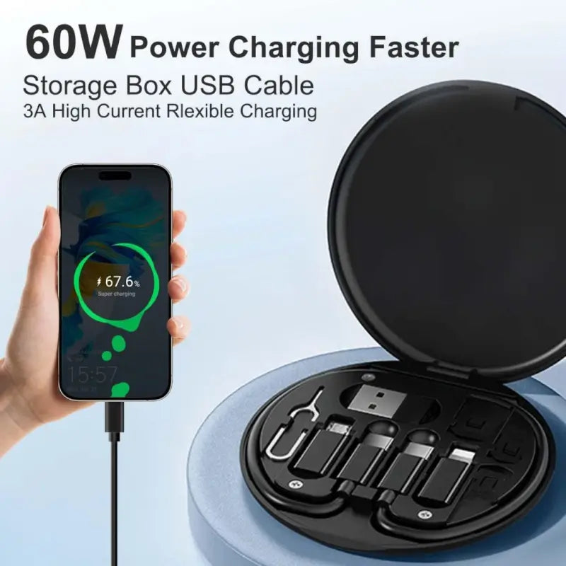 All in One 60W Fast Charging Travel Data Cable Set with Type C USB A Lightning Micro Connectors Portable Multi Functional Cable Kit