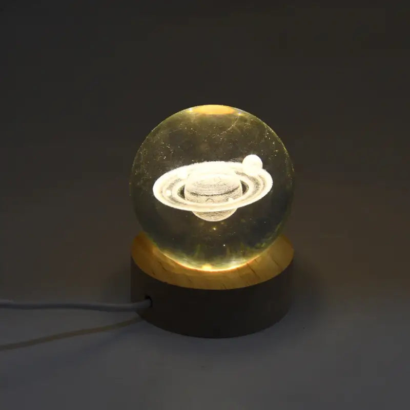 3D Crystal Planet Ball LED Night Lamp with Wooden Base – USB Decorative Bedside Lamp for Home, Office & Gift