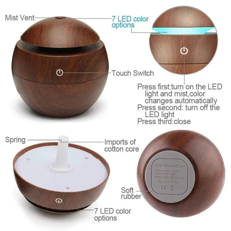 Wooden Cool Mist Humidifier Essential Oil Diffuser with 7 Color LED Night Light USB 130ml
