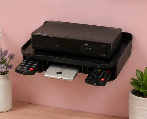 Wall Mount WiFi Router & Set Top Box Stand with Dual Remote Holder – Plastic Wall Shelf for DTH, Modem, TV Setup Box & Home Organization
