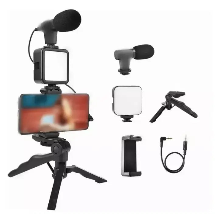 Vlogging Kit for Video Making with Mic Mini Tripod Stand, LED Light & Phone Holder Clip for Making Videos