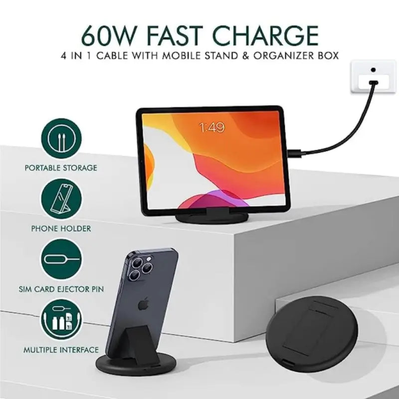 All in One 60W Fast Charging Travel Data Cable Set with Type C USB A Lightning Micro Connectors Portable Multi Functional Cable Kit