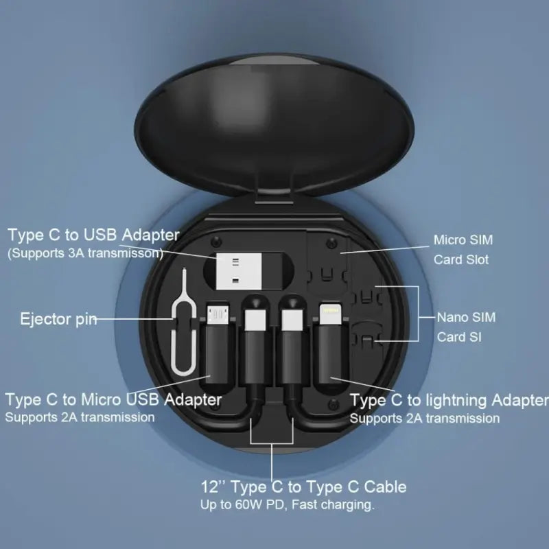 All in One 60W Fast Charging Travel Data Cable Set with Type C USB A Lightning Micro Connectors Portable Multi Functional Cable Kit