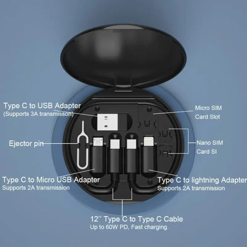 All in One 60W Fast Charging Travel Data Cable Set with Type C USB A Lightning Micro Connectors Portable Multi Functional Cable Kit