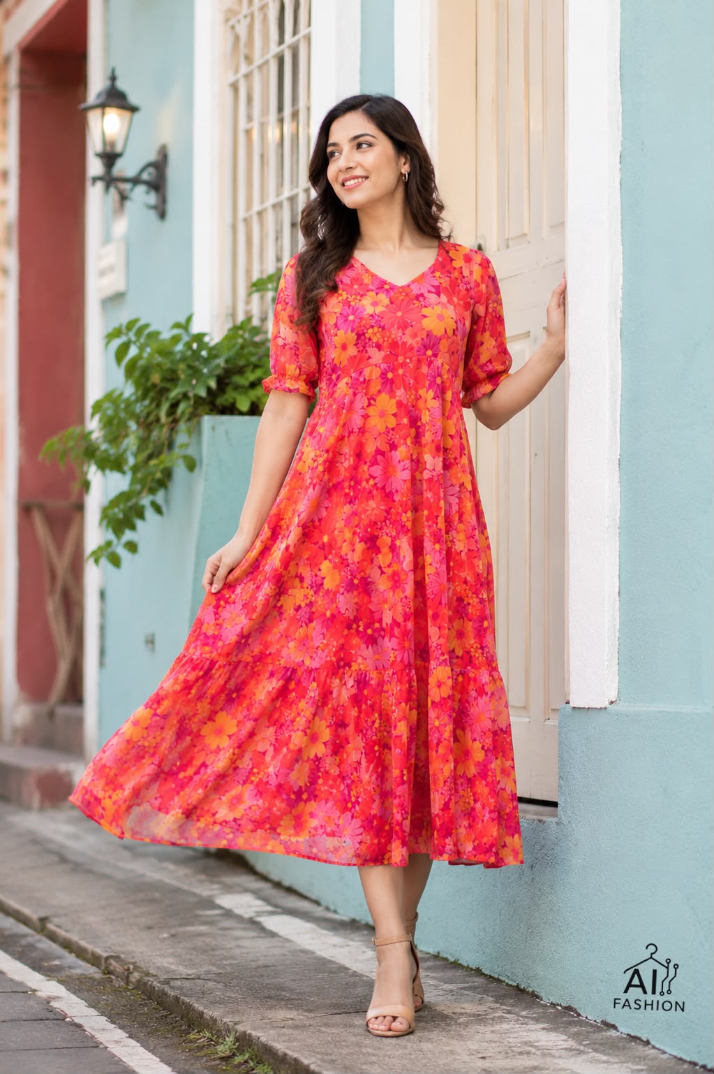 Full Flair Long Printed Maxi with Fancy Sleeves Pattern For Vacation,Casual outing