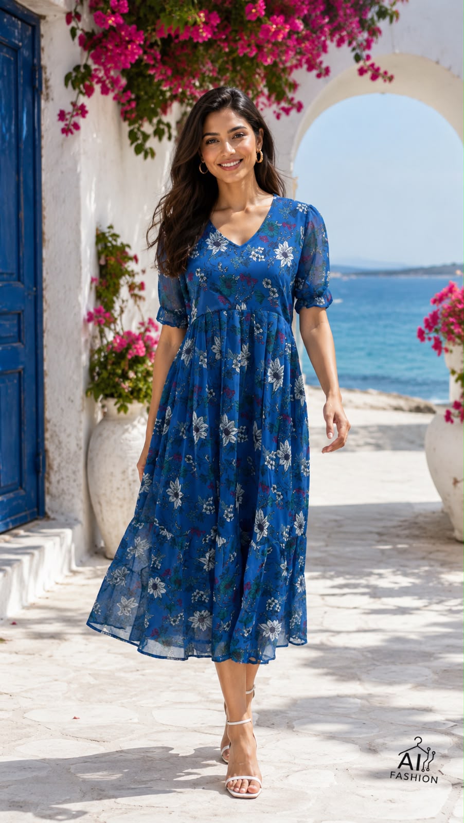 Full Flair Long Printed Maxi with Fancy Sleeves Pattern For Vacation,Casual outing