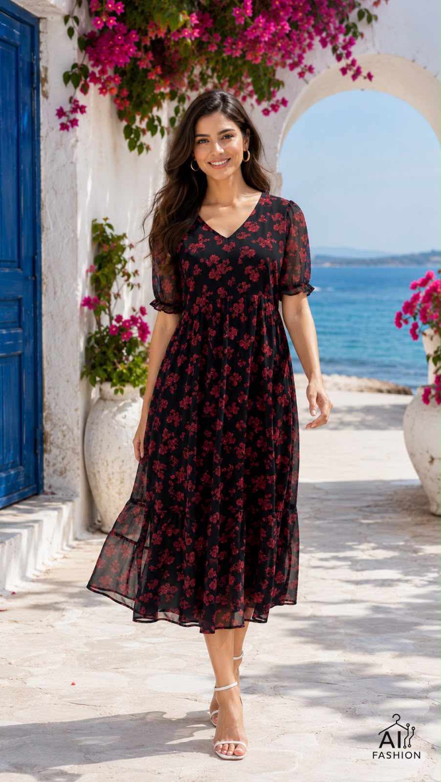 Full Flair Long Printed Maxi with Fancy Sleeves Pattern For Vacation,Casual outing