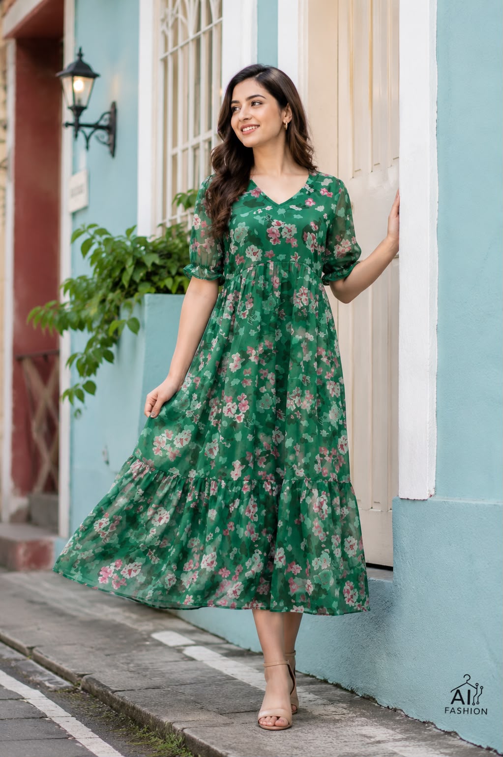 Full Flair Long Printed Maxi with Fancy Sleeves Pattern For Vacation,Casual outing