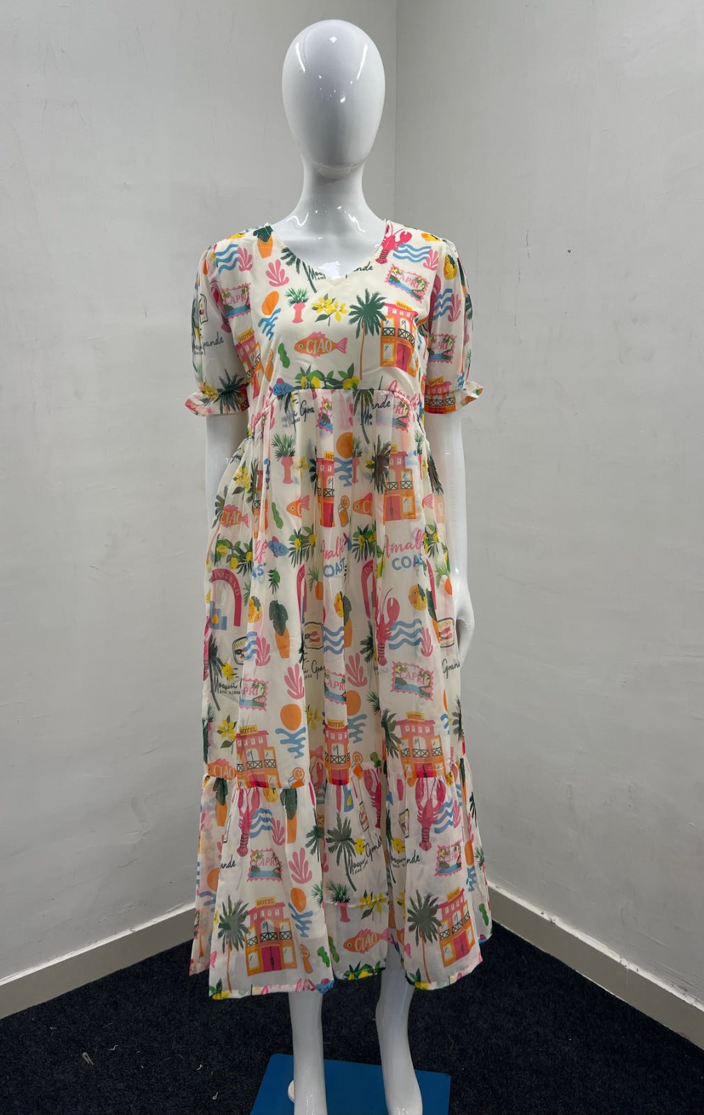 Full Flair Long Printed Maxi with Fancy Sleeves Pattern For Vacation,Casual outing