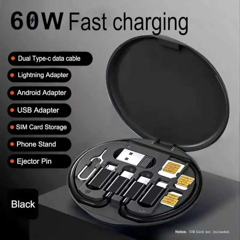 All in One 60W Fast Charging Travel Data Cable Set with Type C USB A Lightning Micro Connectors Portable Multi Functional Cable Kit