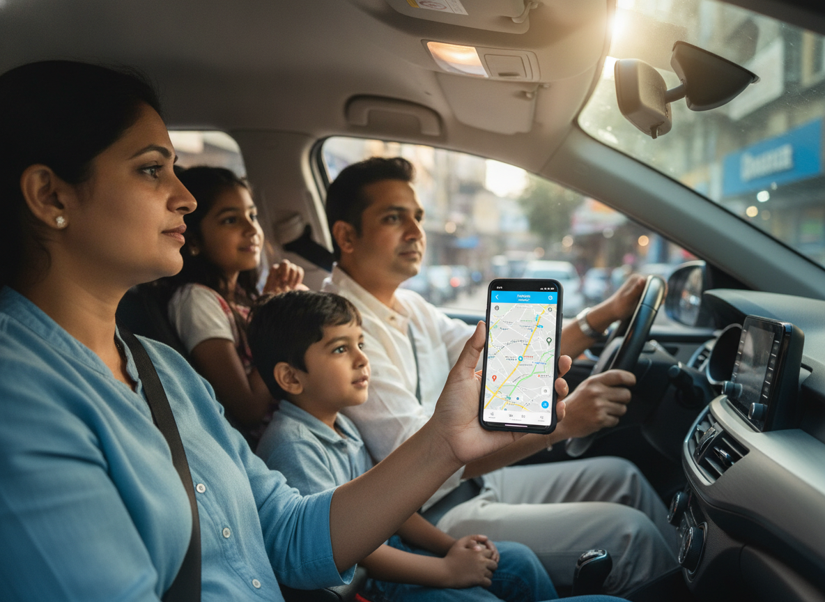 A South Asian family in a car in Pune, with an adult looking at a smartphone displaying a map. A GPS tracker is visible in th
