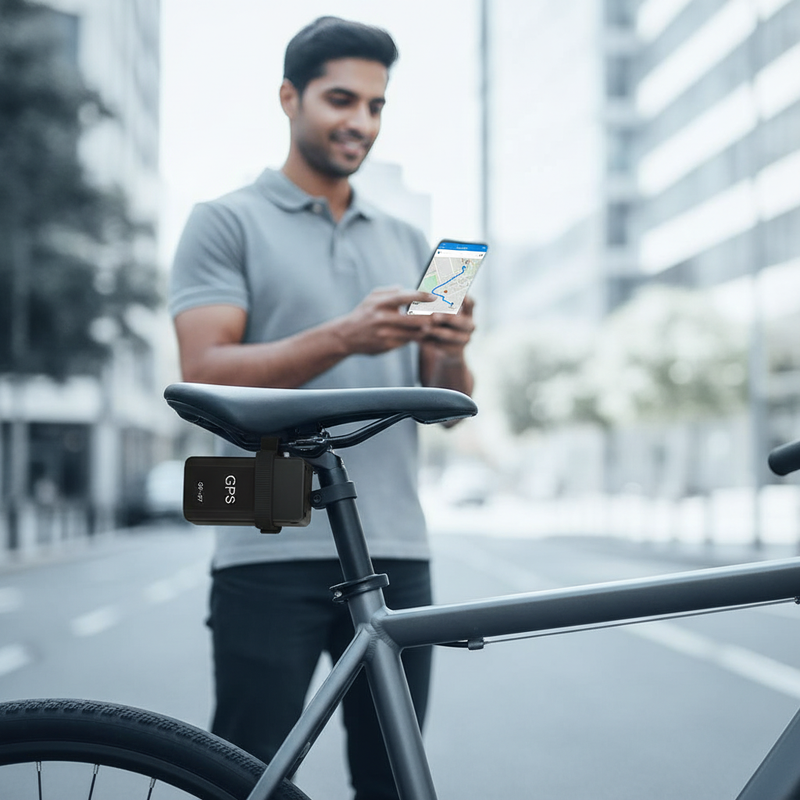 A GPS tracker mounted on a bicycle, with a South Asian man viewing a tracking map on his phone in an urban setting.