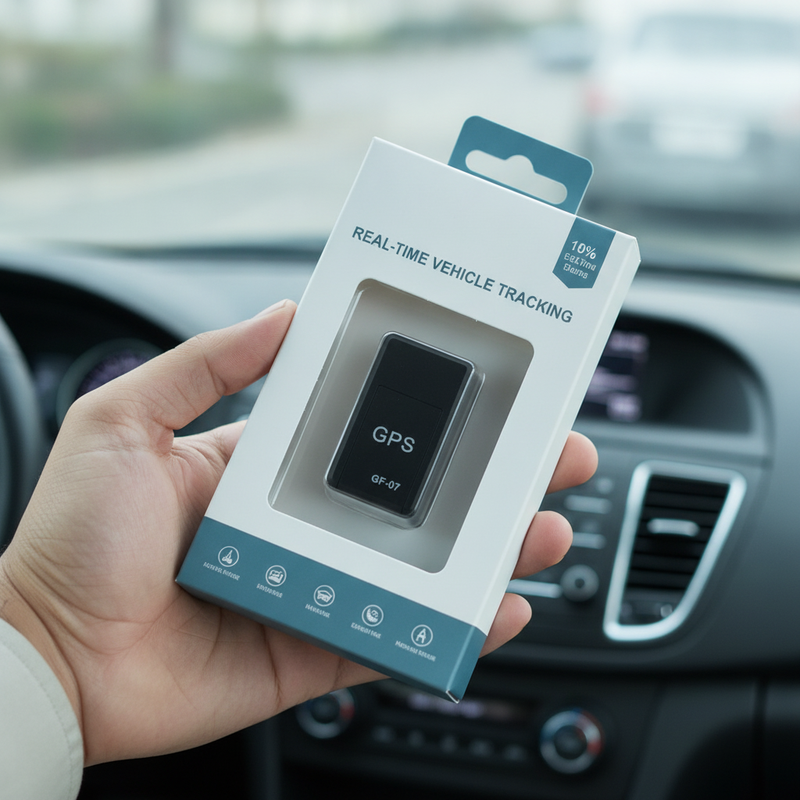Close-up of a GPS TRACKER in its secure device packaging, held by a hand, with a car dashboard blurred in the background.
