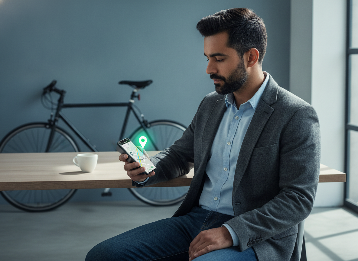 A South Asian man at a desk looks at his smartphone showing a GPS tracker on a map, with a bicycle in the background.