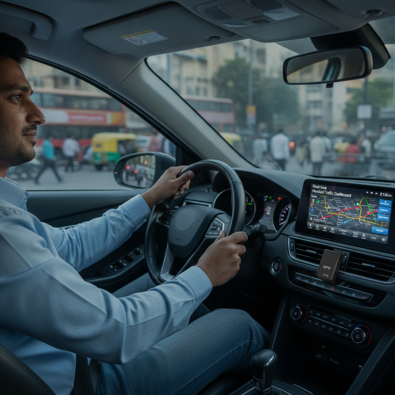 An Indian man drives a car in Mumbai, with a GPS tracker on the dashboard displaying a real-time traffic dashboard.
