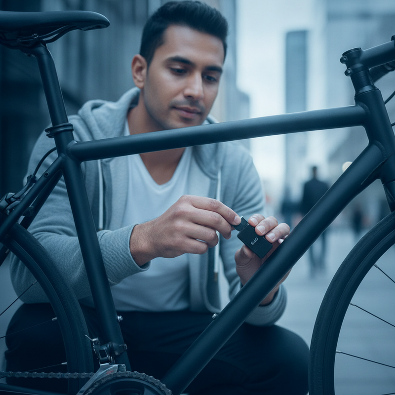 A South Asian man discreetly installs a small GPS tracker onto a bicycle frame in an urban setting.