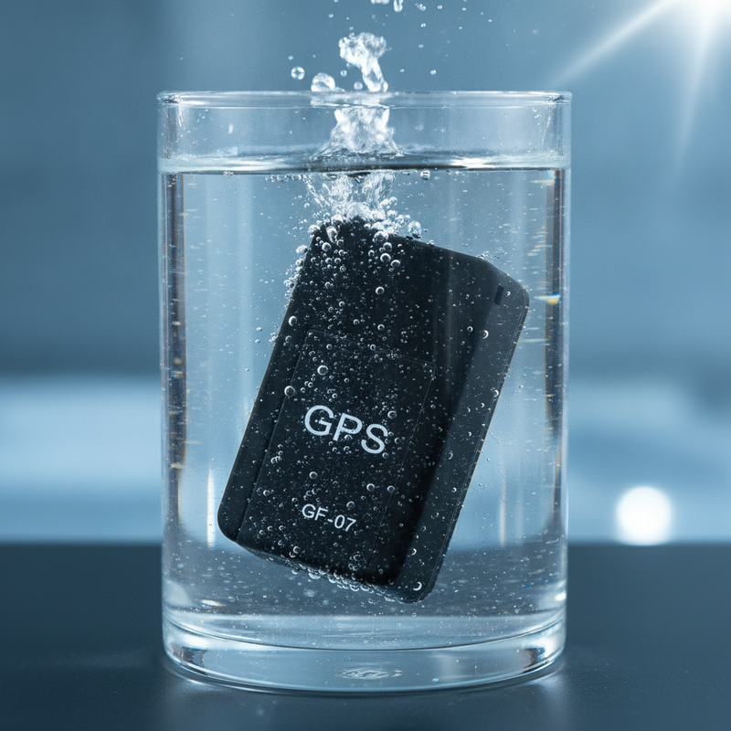 A compact GPS tracker is fully submerged in a clear glass tank of water, with small bubbles rising from its surface.