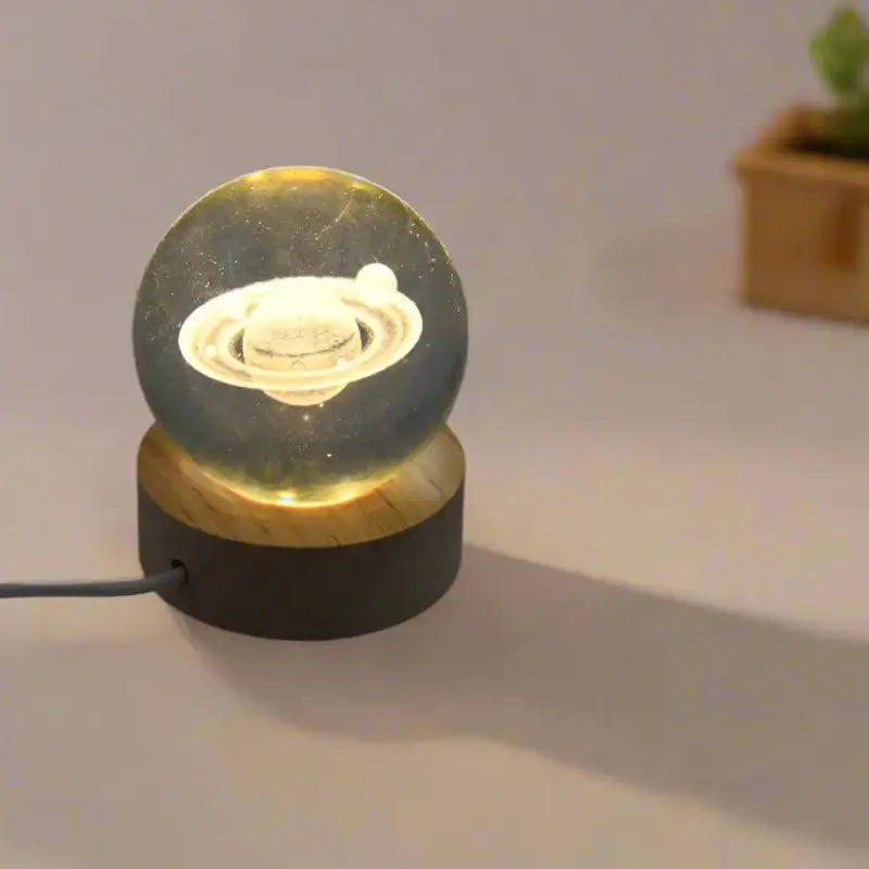 3D Crystal Planet Ball LED Night Lamp with Wooden Base – USB Decorative Bedside Lamp for Home, Office & Gift