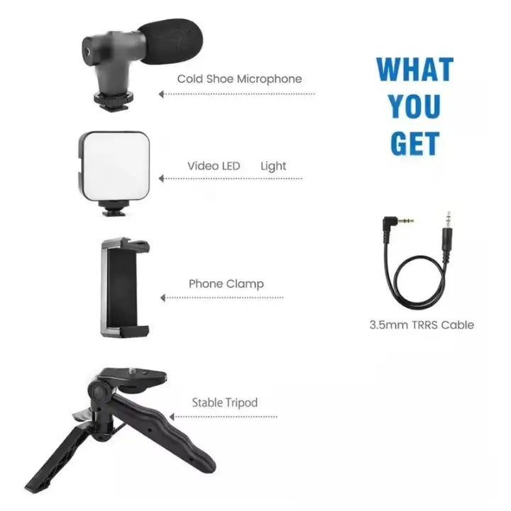Vlogging Kit for Video Making with Mic Mini Tripod Stand, LED Light & Phone Holder Clip for Making Videos