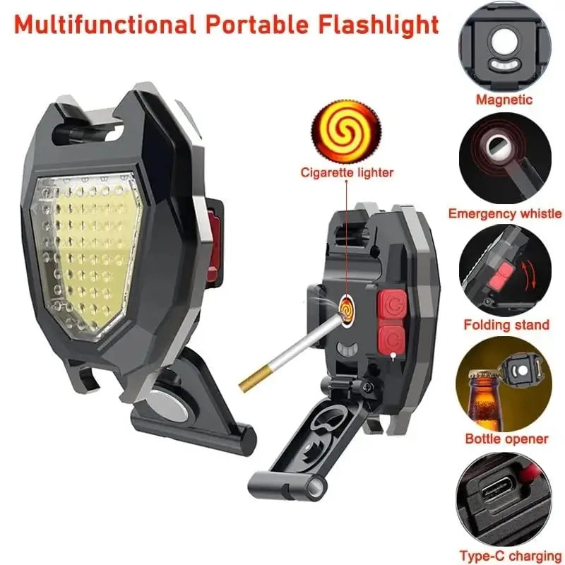 Portable Triangular Shaped Emergency& Camping Flashlight With Cigarette Lighter Lumens Rechargeable Waterproof Portable Led Light Camping Keychain 6Lighting Modes With Strong Magnet 3 Color L
